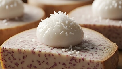 Delightful Dessert: An enticing close-up of a delectable pastry, boasting a perfect balance of textures, with creamy frosting atop. A culinary masterpiece for everyone.