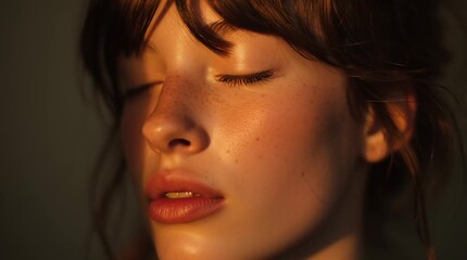 Close up of a woman's face with eyes closed in warm lighting conditions
