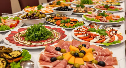 Abundant Buffet Spread: Delicious Appetizers, Charcuterie, Caprese Salad, and Grilled Vegetables