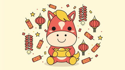 Festive Horse Character Surrounded by Chinese New Year Decorations and Fireworks