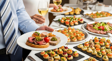 Elegant Buffet Display with Appetizers and Wine