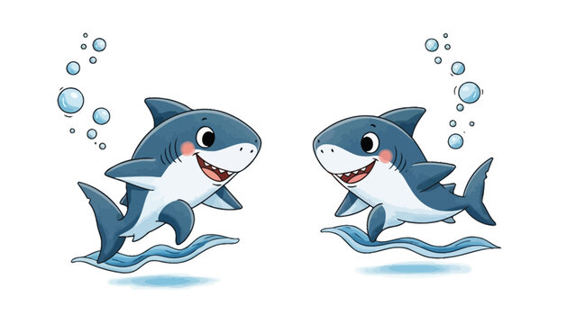 Two adorable cartoon sharks smiling happily above playful sea waves illustration