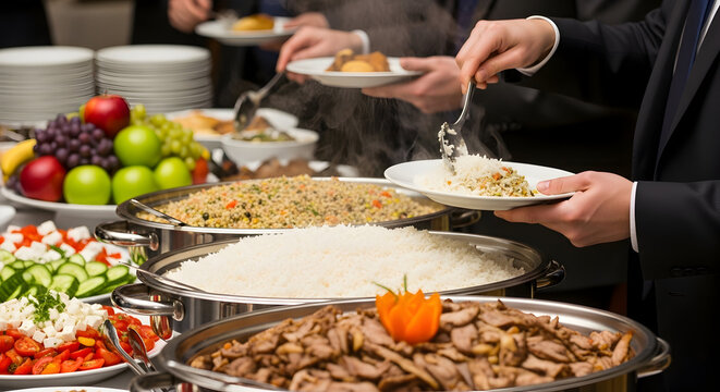 Man in suit serving rice from a buffet during a catered event