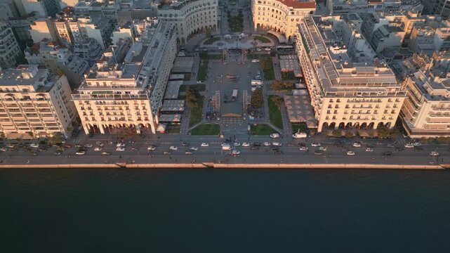 Aerial drone view of Aristotelous Square, Thessaloniki at sunset