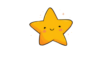 Yellow star character feeling smiling happy with radiating small sparkles, hand drawn cute cartoon illustration on transparent background