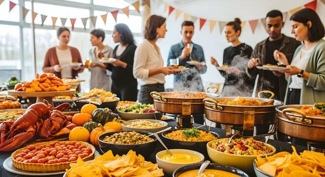 Diverse group of people enjoying a festive buffet spread with hot dishes, seafood, and salads - Powered by Adobe