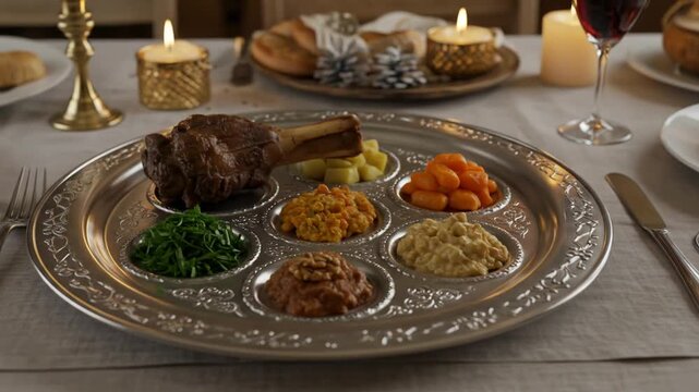 Seder plate with roasted shank bone various foods and lit candles on a table