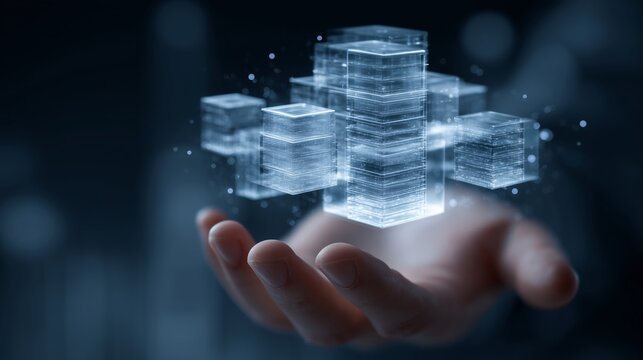 A Hand Holding Transparent Cubic Structures in a Technologically Enhanced Environment Symbolizing Digital Transformation and Innovation - Powered by Adobe