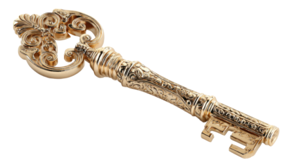 Golden ornate key with intricate antique design. Concept of security, opportunity, treasure, and unlocking solutions. Transparent background