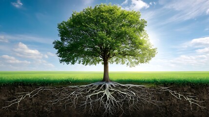 Obraz premium Healthy Green Tree with Visible Roots in Open Field Under Bright Blue Sky