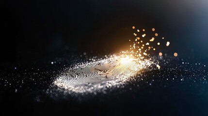 Close-up of a fingerprint with glowing particles and bokeh effect on a dark background, representing security and technology.