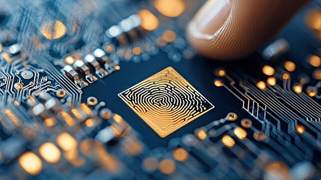 Close-up of a finger touching a fingerprint sensor on a circuit board, with illuminated details, representing technology and security. - Powered by Adobe