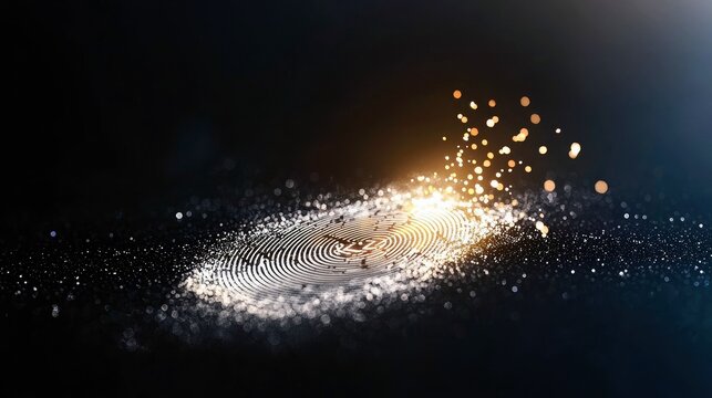 Close-up of a fingerprint with glowing particles and bokeh effect on a dark background, representing security and technology. - Powered by Adobe