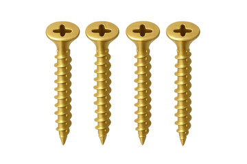 Four golden phillips pan head screws with a transparent background, ready for use in building, fixing, and crafting