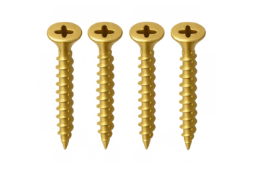 Four golden phillips pan head screws with a transparent background, ready for use in building, fixing, and crafting