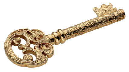 Golden ornate skeleton key representing access, solution, secret, vintage luxury, and discovery on a transparent background