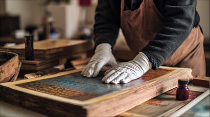 Restorer applying protective coating to an old advertising poster balancing ink saturation and paper texture for longevity.