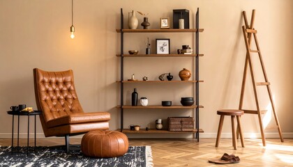 Obraz premium Stylish interior of living room with design brown armchair, wooden bookcase, pendant lamp, carpet decor, picture frames and elegant personal accessories in modern retro home decor. Template.