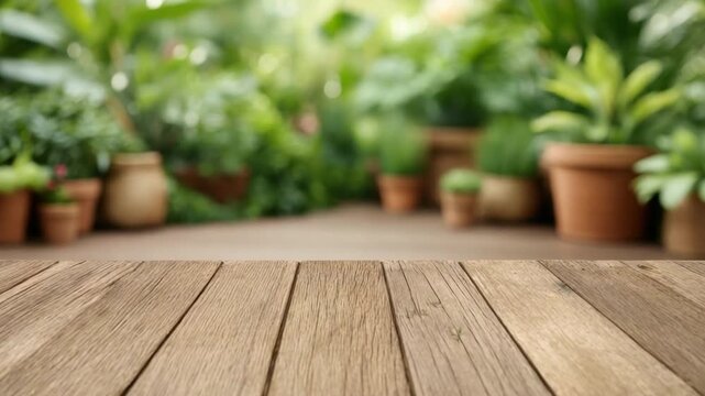 Rustic Wooden Table Surrounded by Lush Green Plants in a Bright Indoor Environment Perfect for Relaxation and Creativity 4k video footage