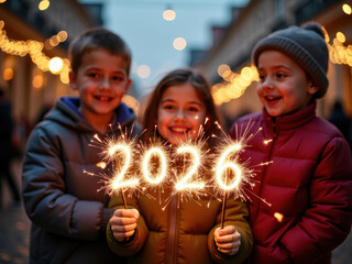 Happy children celebrating New Year 2026 outdoors, holding glowing sparklers forming the numbers. Festive mood with beautiful bokeh lights.
