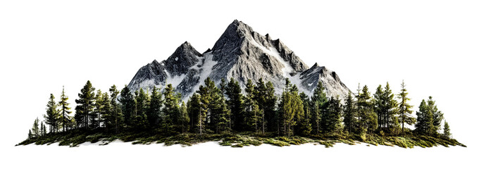 Majestic mountain peak with dense evergreen forest isolated on transparent background