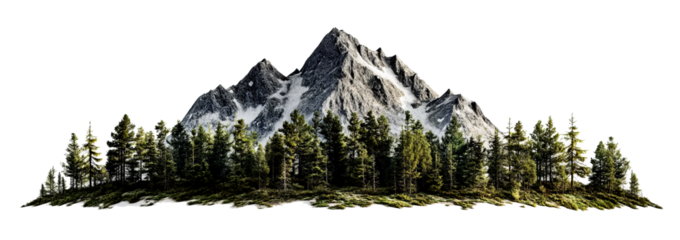 Majestic mountain peak with dense evergreen forest isolated on transparent background