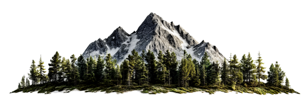 Majestic mountain peak with dense evergreen forest isolated on transparent background