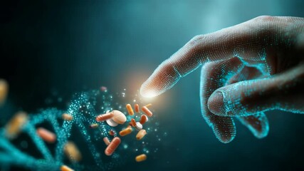 Digital Hand Interacting with Pills and DNA Helix in Advanced Medical Research - Powered by Adobe