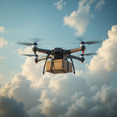 Aerial drone delivery service concept delivering package with cloud background