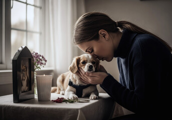 Moment of comfort and love, Woman tenderly kissing her dog next to a heartfelt pet loss memorial setup.