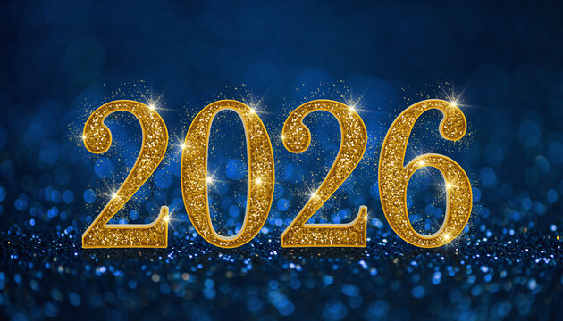 Golden, sparkling numbers showing the year 2026 against a blue background.