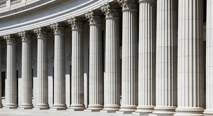 Fototapeta premium Panoramic view of classical stone columns arranged in a curved row showing architectural details, stability and law concept 