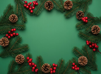 Evergreen wreath with pine cone and red berry decoration on green background evoking festive holiday warmth and cozy seasonal celebration