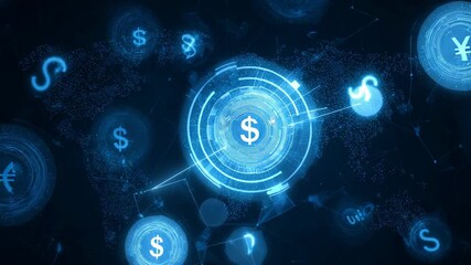 Digital Dollar Symbol in Global Financial Network with Blue Glowing Currency Icons and World Map Background - Powered by Adobe