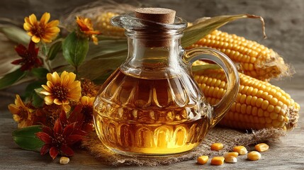 Corn Oil Still Life: A Glass Decanter, Corn, and Flowers in a Rustic Composition