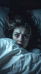 A frightened woman with red eyes lies in bed, clutching her blanket in fear.