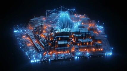 Isometric cityscape of glowing data blocks with network connections - Powered by Adobe