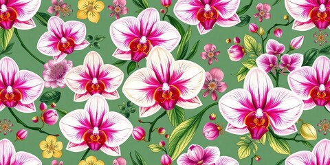 Fototapeta premium Luxurious seamless pattern of hand-drawn blooming orchids & intricate floral elements, art, hand-drawn