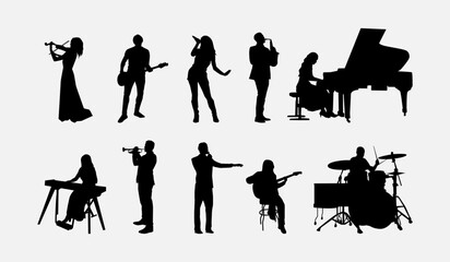 Silhouettes of musicians playing different instruments. Isolated vector illustration.