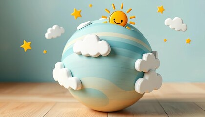 Pastel wooden planet with fluffy white clouds, whimsical stars & smiling sun, child, model