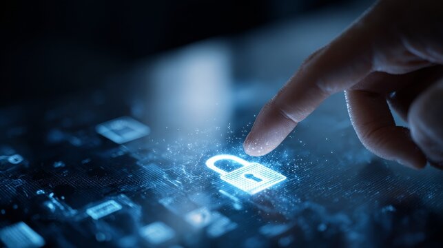 A Close-Up of a Finger Touching a Digital Lock Symbol Representing Cybersecurity and Data Protection Solutions in the Modern Age
