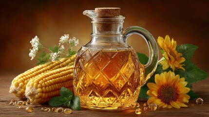 Still life image of corn, sunflowers and a bottle of oil on a wooden table