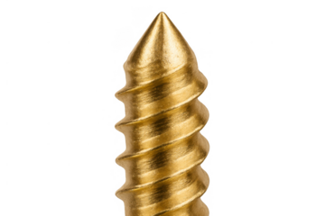 Golden metal screw showing sharp pointed tip and spiral thread, hardware for construction and building, transparent background