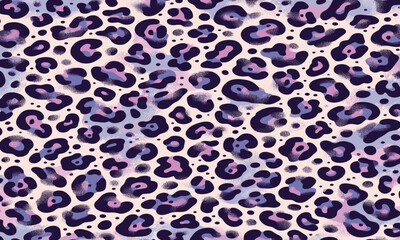 A modern artistic concept of an animal skin and fur texture, featuring a seamless leopard pattern in stylish purple and blue tones for backgrounds and textiles