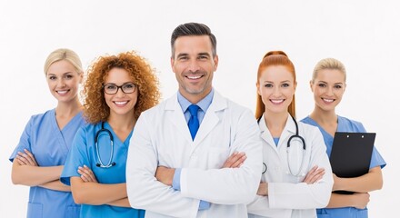Professional healthcare team of diverse doctors and nurses smiling confidently together in a hospital