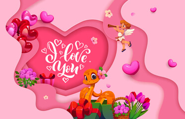 Obraz premium Valentines day paper cut greeting card with cute lovely snake, cherub cupid, flowers and love hearts. Vector pink layered romantic papercut background with 3d heart shaped frame with I Love You script