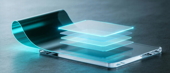 A futuristic rollable transparent OLED display with glowing cyan edges, layered glass panels peeling open like a high-tech scroll, sci-fi concept art background