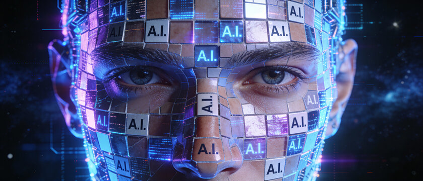A haunting cybernetic human face built from glowing AI-labeled tiles, piercing eyes staring through neon circuits in a futuristic transhuman portrait