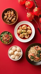 Fototapeta premium Vibrant Chinese Cuisine Spread Decorated with Festive Lanterns for Celebrations and Gatherings