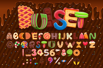 Dessert font, sweet candy letters type, bakery typeface, confectionery english alphabet, vector typography set. Cartoon dessert food font letters and numbers on dripping melted chocolate background